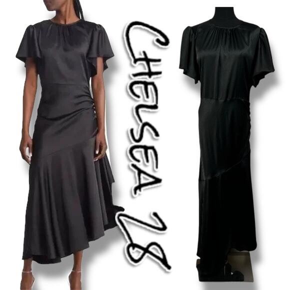 Chelsea28 Black Satin Flutter Sleeve Asymmetric Maxi Length Dress Womens Size M - Picture 1 of 11